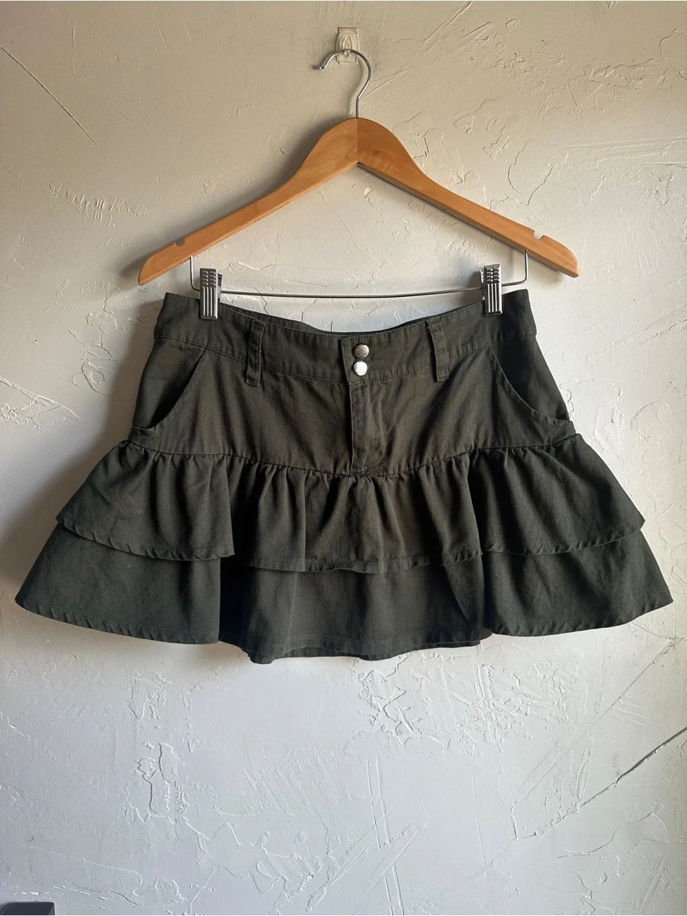 Alt Grunge Ruffle Mini Skirt Dark Olive Y2K Utility Social Collision M